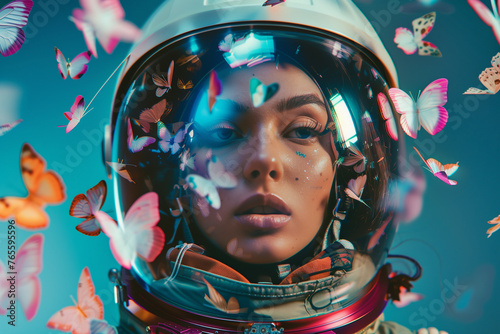 portait of a female astronaut in space helmet surrounded by butterflies, fashion conceptual photohraphy (2) photo