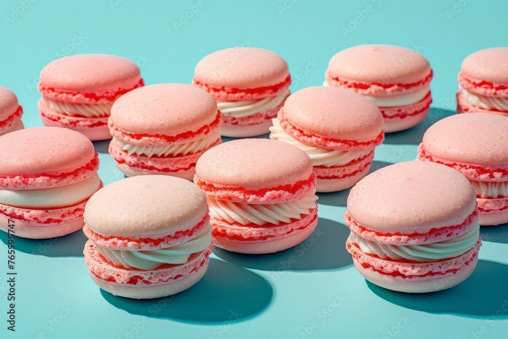 Assorted pink and white macarons on blue background, delicious French pastries, sweet treats, dessert concept Assorted pink and white macarons on blue background, delicious French pastries, sweet treats, dessert concept