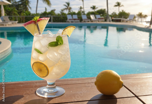 Refreshing cocktail with ice against the backdrop of pool