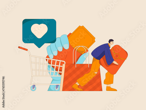 Holiday shopping people doing e-commerce online shopping flat vector concept operation hand drawn illustration
