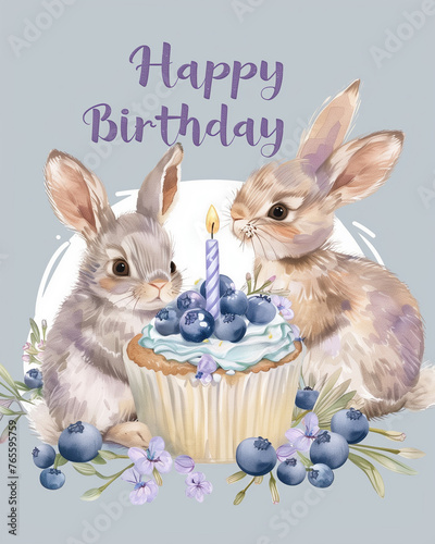 Happy first birthday. Two bunnies are hugging the delicious cupcake with blueberries and one candle, soft pastel colors. Vintage greeting card illustration for a boy or a girl