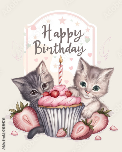 Happy first birthday. Two kittens are hugging the delicious cupcake with strawberries and one candle, soft pastel colors. Vintage greeting card illustration