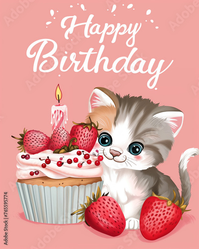 Happy first birthday. A cute kitten is hugging the delicious cupcake with strawberries and one candle, soft pastel colors. Vintage greeting card illustration
