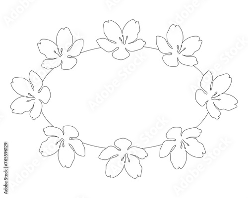 Oval frame black and white frame with flowers .Blank space for text . Sakura flowers 