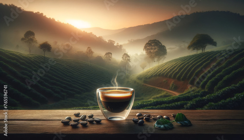 Obraz na płótnie Morning Espresso Amidst the Misty Hills of a Coffee Plantation at Dawn w salonie