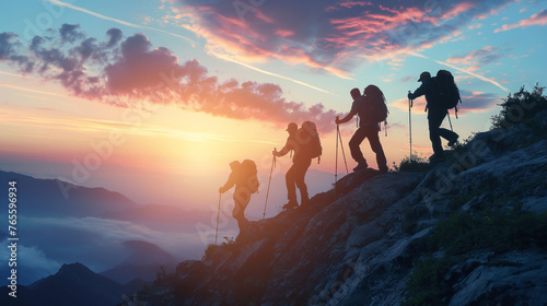 team of hikers in the mountains exploring nature, friends hiking in the mountains team work concept 