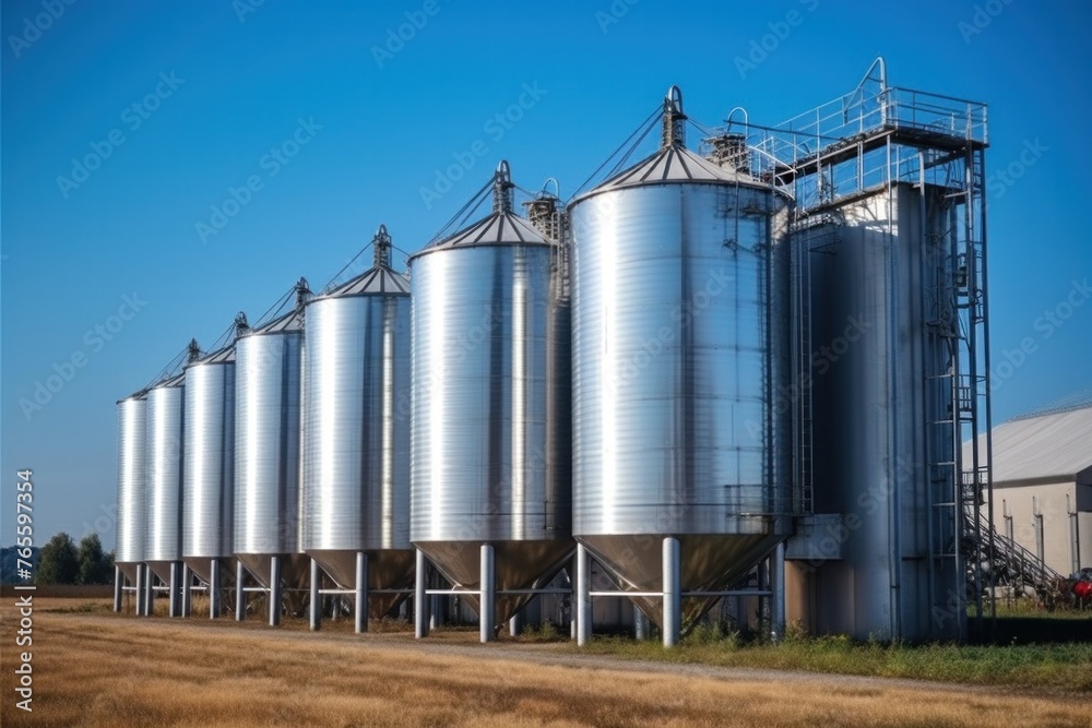 Large warehouse stainless steel silos store plastics and grains. on a sunny day