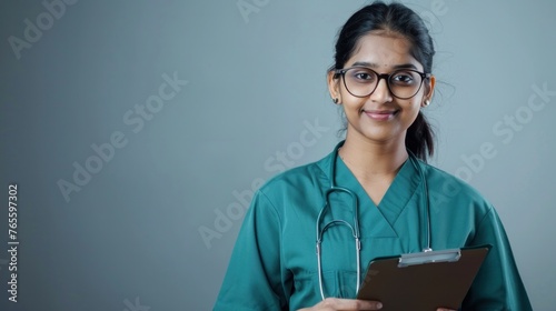 young indian woman professional nurse female doctor wear green uniform glasses holding clipboard make notes