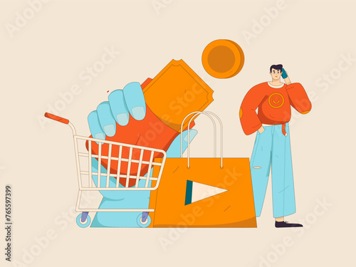 Holiday shopping people doing e-commerce online shopping flat vector concept operation hand drawn illustration
