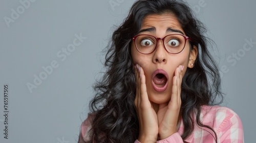 Surprised indian girl student looking at camera covering open mouth