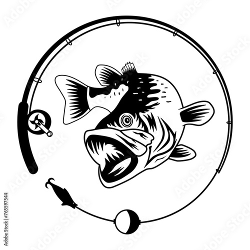 Bass, Circle Fishing Rod, Fishing Pole, Hand Drawn Vector Illustration