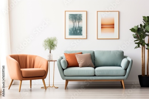 modern living room Teal sofas and terracotta chairs contrast with white walls and art posters. interior design © ORG