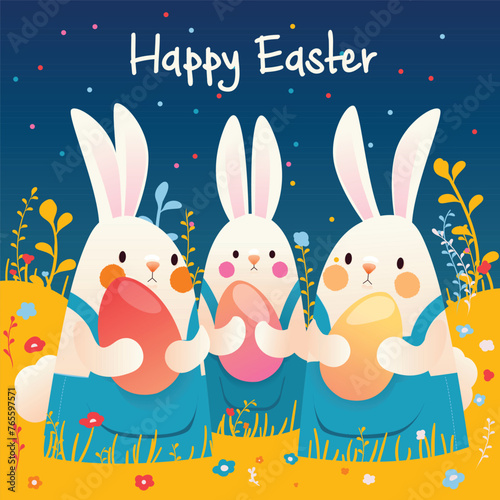 Bunnies, eggs and flowers! Make your Easter day bright with this cute vector poster featuring bunnies among colorful flowers and eggs. Add some color to your life this spring
