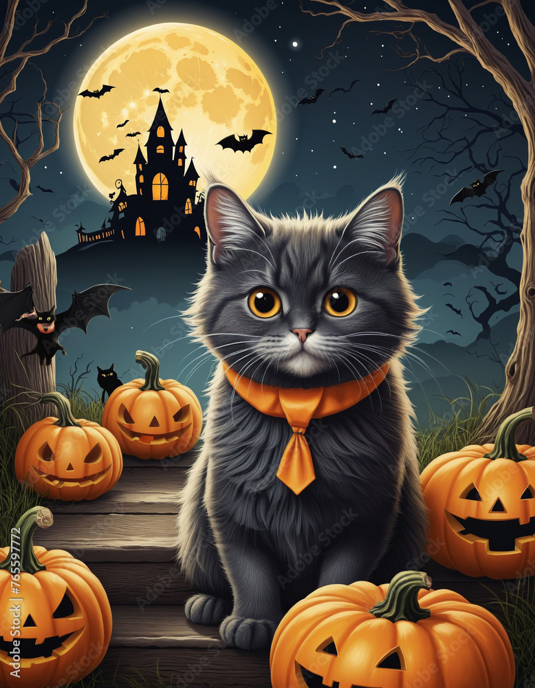 Halloween poster or card with Halloween element pumpkin, cat, bat and moon Halloween poster or card with Halloween element pumpkin, cat, bat and moon