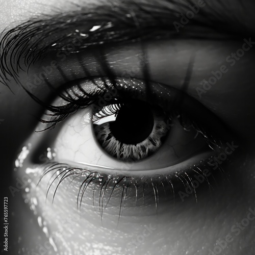 Tears on eyes, open eyes, expressive look with teardrops on eyelashes