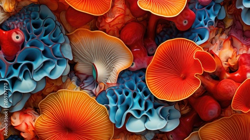 A vibrant and abstract image featuring patterns inspired by mushroom gills shapes intertwined with vivid red and blue hues, ideal for artistic backgrounds or psychedelic art inspiration.