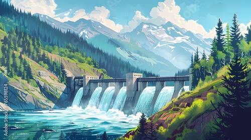 Majestic Dam Illustration with Cascading Water and Mountains