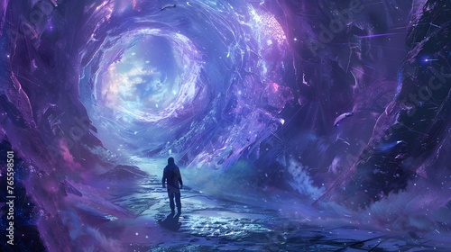 Man Facing Cosmic Portal in Mystical Universe Illustration