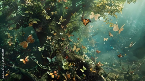 Enchanted Forest Scene With Butterflies and Greenery