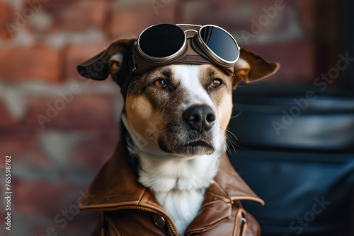 portrait of dog wearing brown leather jacket and aviator goggles © vishal