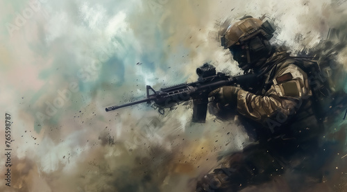 soldier in combat gear with rifle on abstract smoky chaotic background with copy space