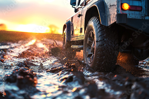 4x4 SUV in off-road adventure outdoors in nature in summer in the mountains at sunset. Dirty wheel and tire