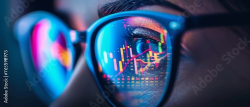 A close-up view of a person's eyes framed by a pair of glasses, reflecting stock market charts, focusing on the analysis of financial data. photo
