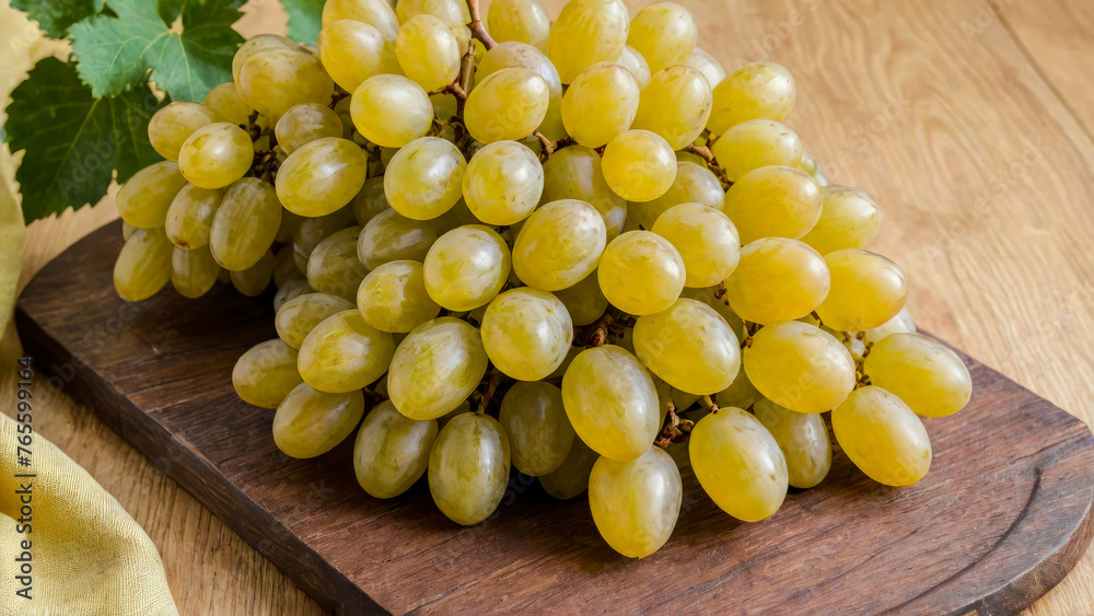 Large bunch of yellow organic grapes with leaves on wooden cutting board. Ripe, delicious and healthy fresh fruits of autumn, symbol of abundance on rustic wood background. Copy space. Large bunch of yellow organic grapes with leaves on wooden cutting board. Ripe, delicious and healthy fresh fruits of autumn, symbol of abundance on rustic wood background. Copy space.
