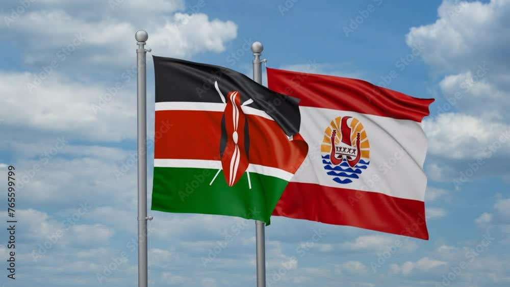 French Polynesia and Kenya two flags waving together, looped video, two country relations concept