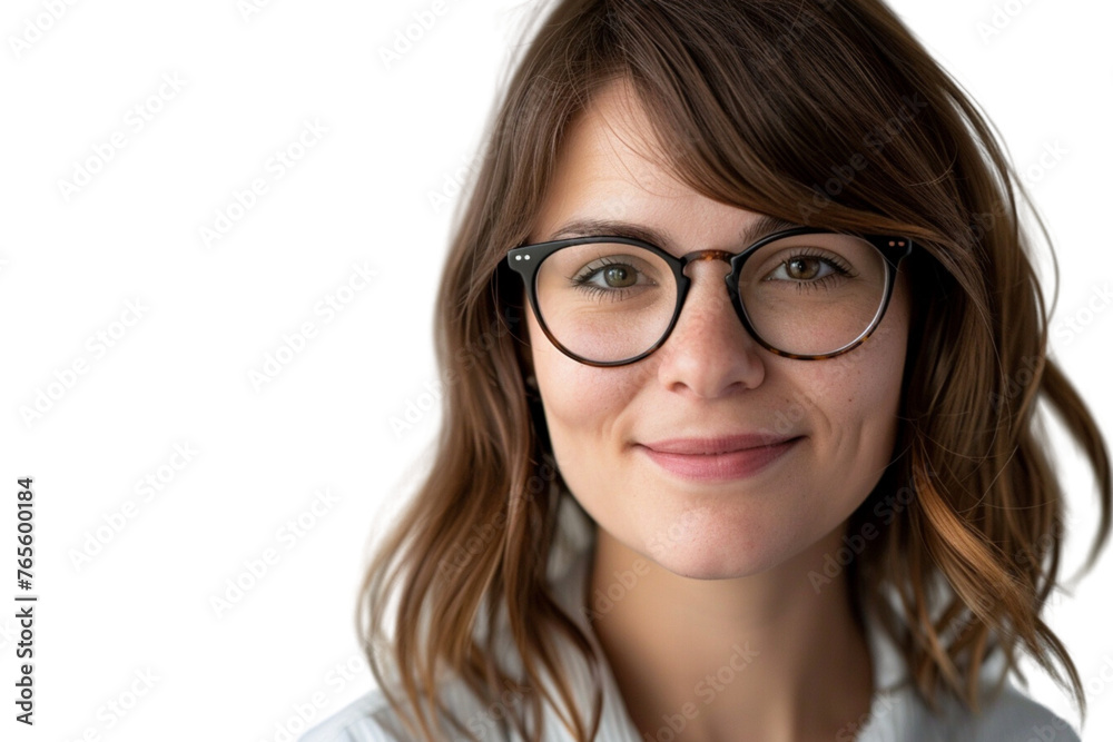 closeup a female leader wearing eyeglass smiling, cut out picture closeup a female leader wearing eyeglass smiling, cut out picture