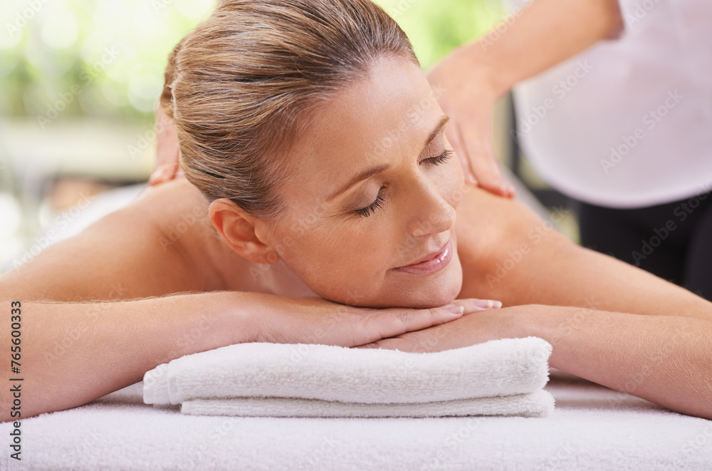 Woman, hands and spa massage for luxury treatment for relax peace or stress relief for zen resort, calm or vacation. Female person, eyes closed and comfortable or healthy skincare, carefree or pamper Woman, hands and spa massage for luxury treatment for relax peace or stress relief for zen resort, calm or vacation. Female person, eyes closed and comfortable or healthy skincare, carefree or pamper