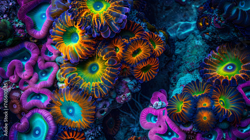 Thriving coral reef, viewed at the cellular level, where coral polyps and symbiotic algae engage in a dance of life.