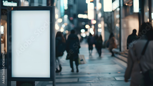 White blank, clean screen or signboard mockup for offers or advertisement, public area, walking people, city street eavening photo