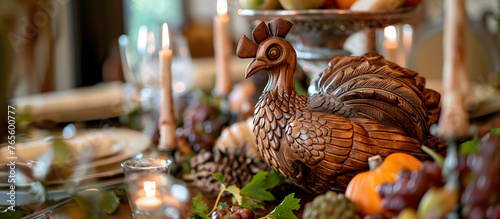 Warm, intimate depiction of a Thanksgiving table with a decorative turkey centerpiece, candlelight, and fall accents