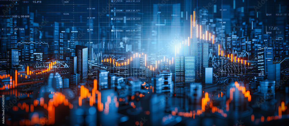 Obraz premium Futuristic City Network and Digital Technology Concept, Urban Skyline and Communication, Blue Abstract Background