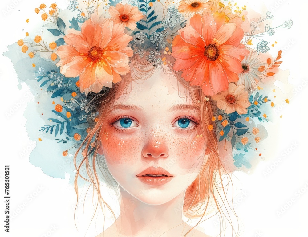 Watercolor painting of a young girl with colorful flowers in her hair and striking blue eyes on a white background
