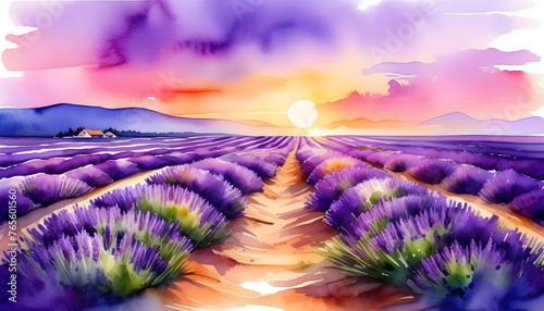 A watercolor painting of a sunset over a lavender field with a beach in the background