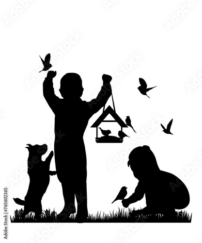 Children and pets silhouettes on white background. Little girl and boy play and feed birds. Vector illustration.	

