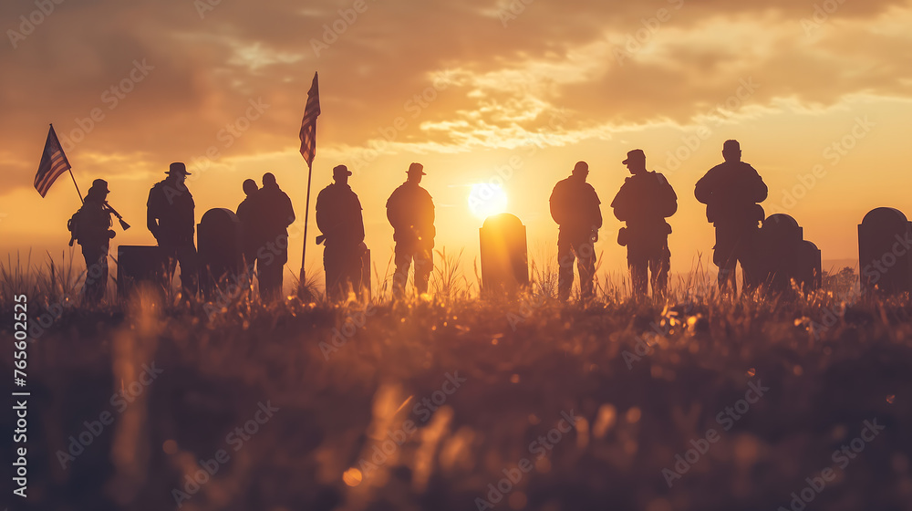 Evocative image of soldiers' silhouettes against a sunrise, depicting patriotism and reflection - obrazy, fototapety, plakaty 