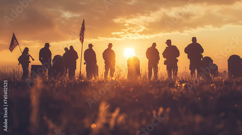 Evocative image of soldiers' silhouettes against a sunrise, depicting patriotism and reflection photo