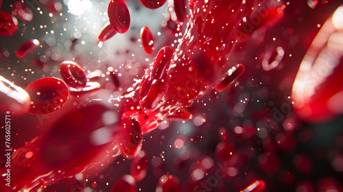 Dynamic environment of the bloodstream, showcasing red blood cells in a flow, with detailed views of their biconcave shape and the occasional white blood cell. photo