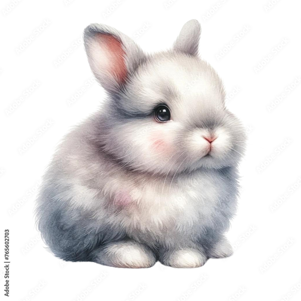 Watercolor Fluffy and cute gray and white baby rabbit with bright eyes on a white background