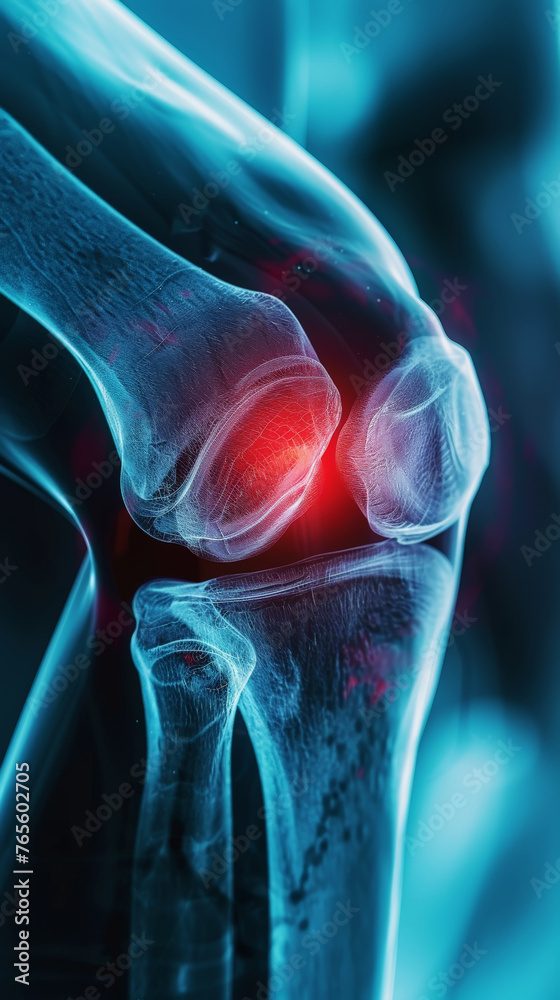 Blue x-ray photograph of knee pain, pain glows red. Trauma concept. Medical checkup. Generative AI - obrazy, fototapety, plakaty 