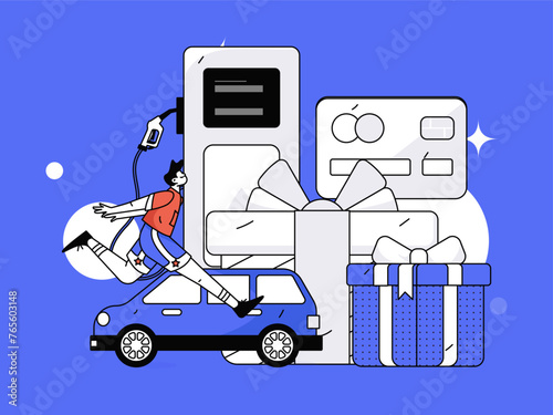 Vector Internet operation hand-drawn illustration of people getting discounts for refueling their cars
