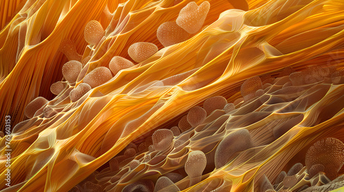 Muscle fibers under the microscope, highlighting the striations and muscle cells with high detail and clarity. photo