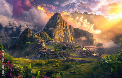 Machu Picchu at sunset, beautiful clouds and green fields, gorgeous colors, mountains in the background, Inca ruins, ancient city, misty environment photo