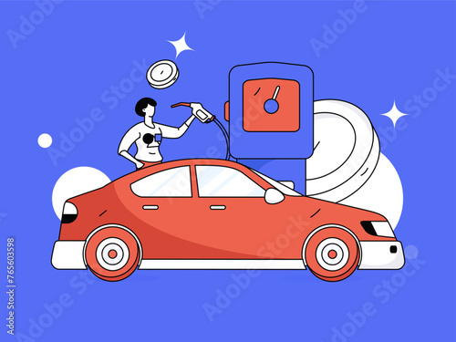 Vector Internet operation hand-drawn illustration of people getting discounts for refueling their cars
