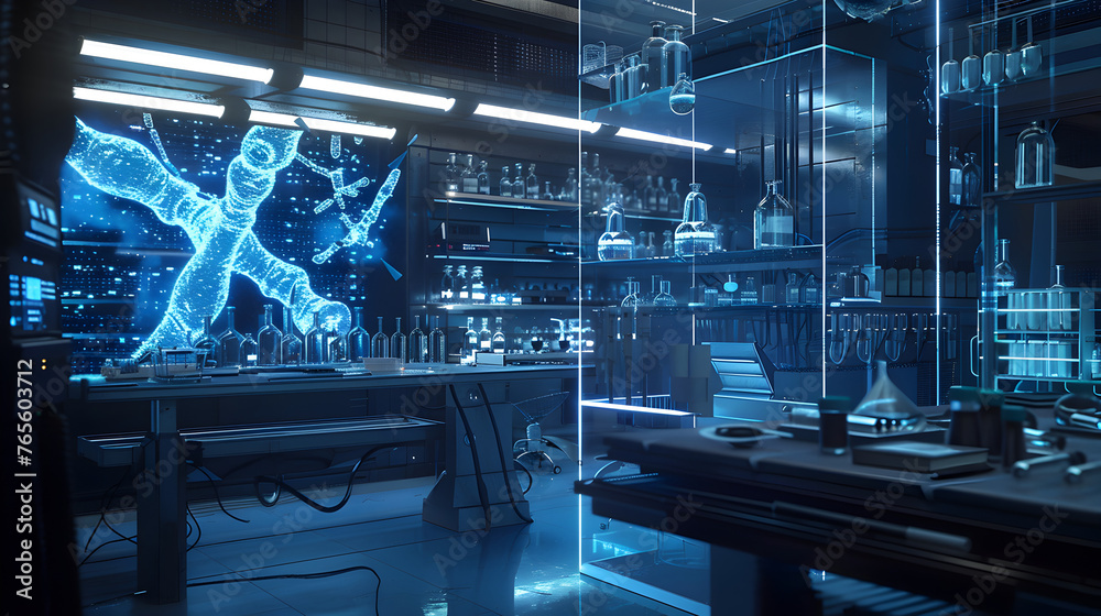 Futuristic laboratory with transparent screens displaying complex bio-chemical structures, amidst advanced technological equipment for genetic engineering.