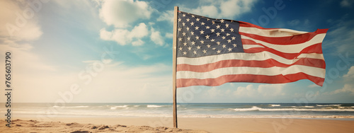 American Flag Waving at Beach with Cloudy Sky