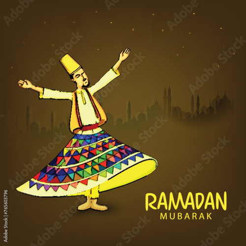 Whirling dervish performing religious dance on mosque silhouetted background for holy month of prayers Ramadan Kareem celebrations.